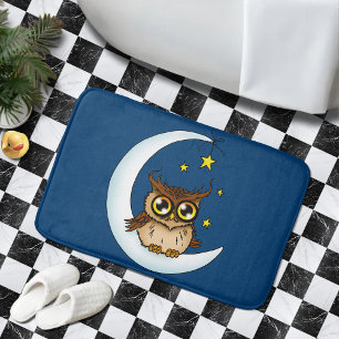 Owl Moon Blue Cute Stars Bath Mat