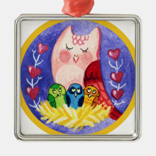 Owl mother of triplets metal tree decoration
