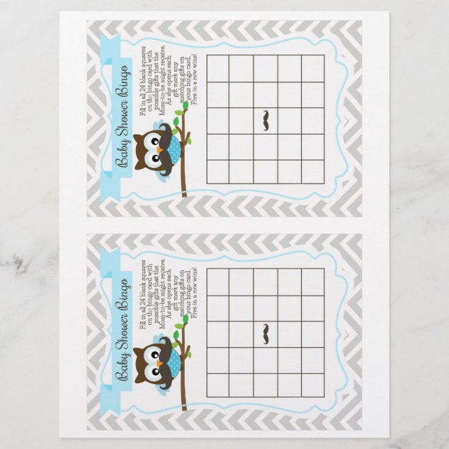 Owl Moustache Baby Shower Bingo Game, 2 a page (Front)