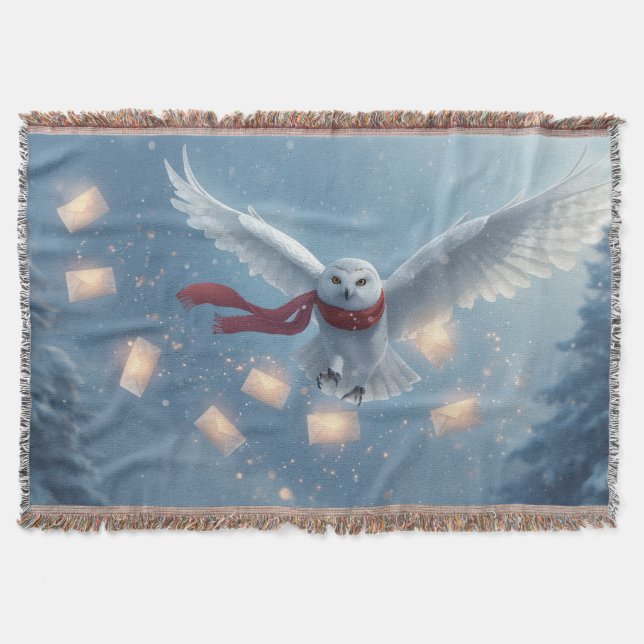 "Owl of Winter Dreams" Christmas Owl Throw Blanket (Front)