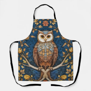 Owl on a branch blue autumn background art nouveau apron