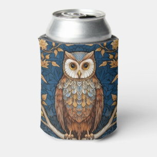 Owl on a branch blue autumn background art nouveau can cooler