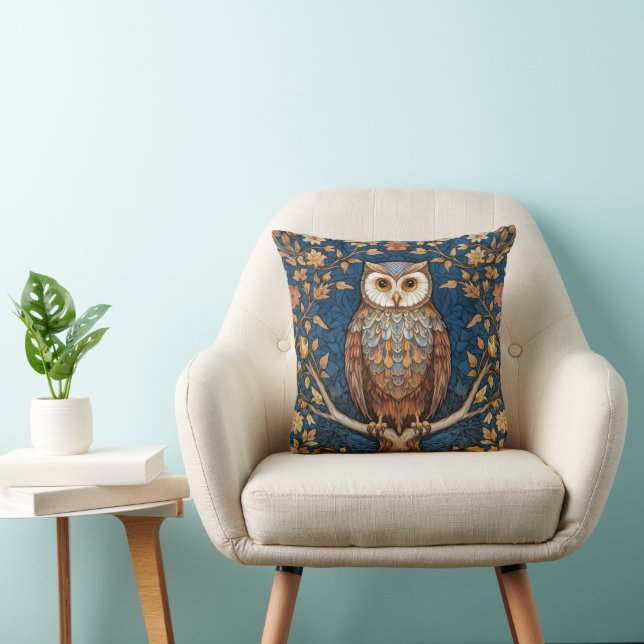 Owl on a branch blue autumn background art nouveau cushion (Chair)
