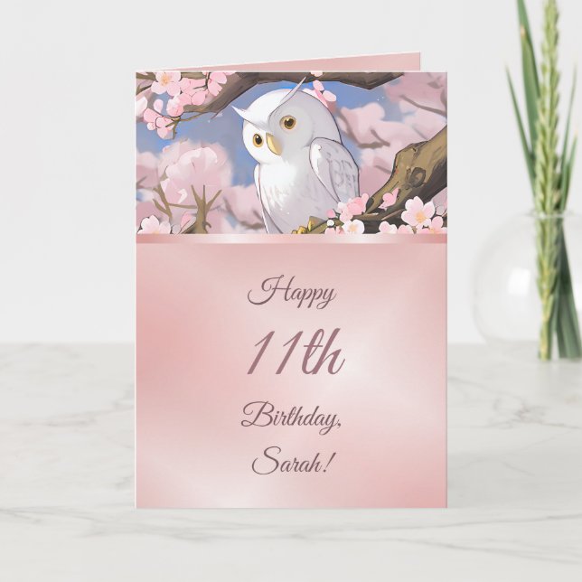 Owl On A Cherry Blossom Tree Girls Birthday Card (Front)