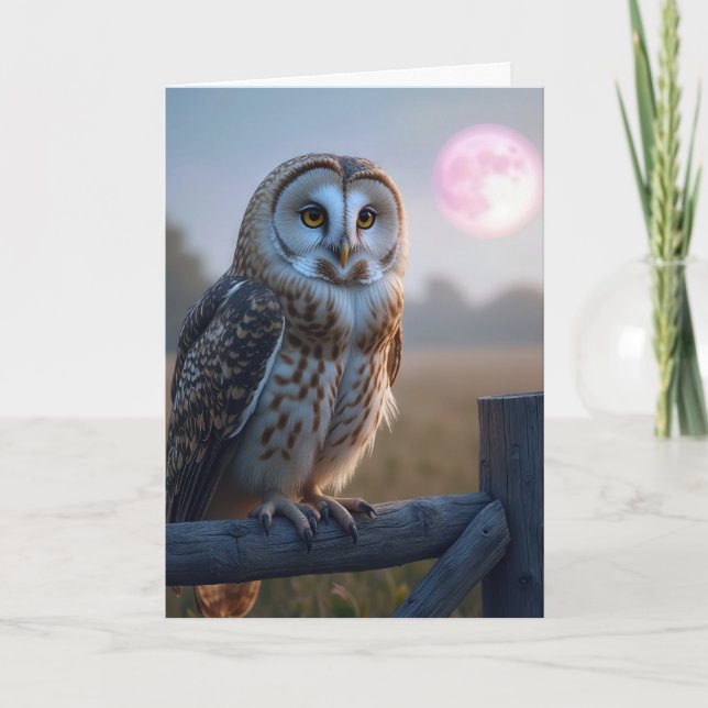 Owl On a Fence With Pink Moon Card (Front)