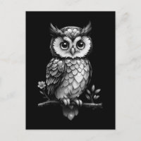 Owl on a flowering branch - black and white