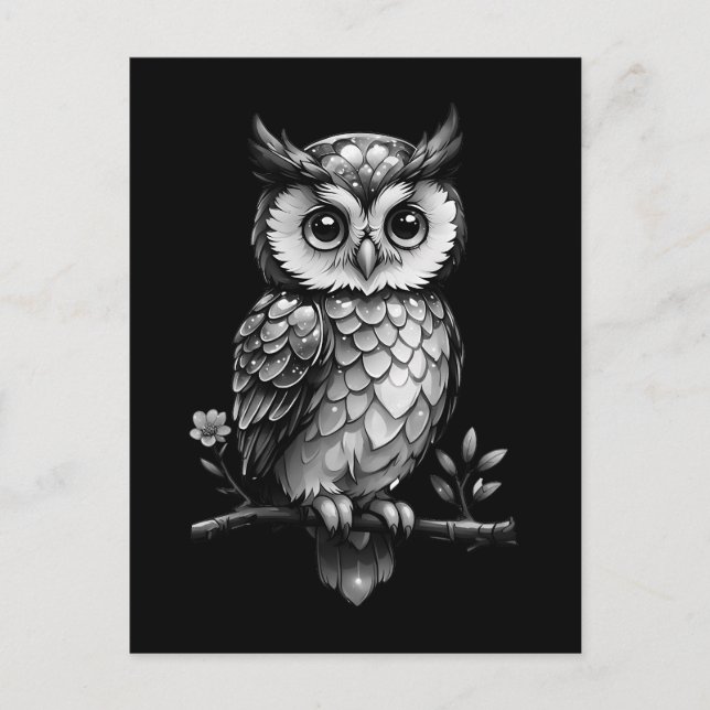 Owl on a flowering branch - black and white postcard (Front)