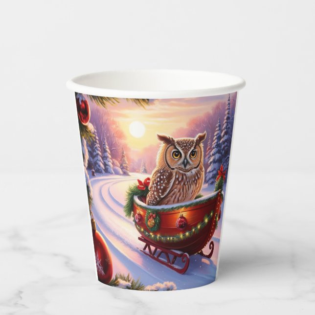 Owl on a sledge during the holidays paper cups (Front)