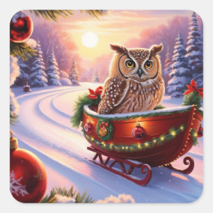 Owl on a sledge during the holidays square sticker