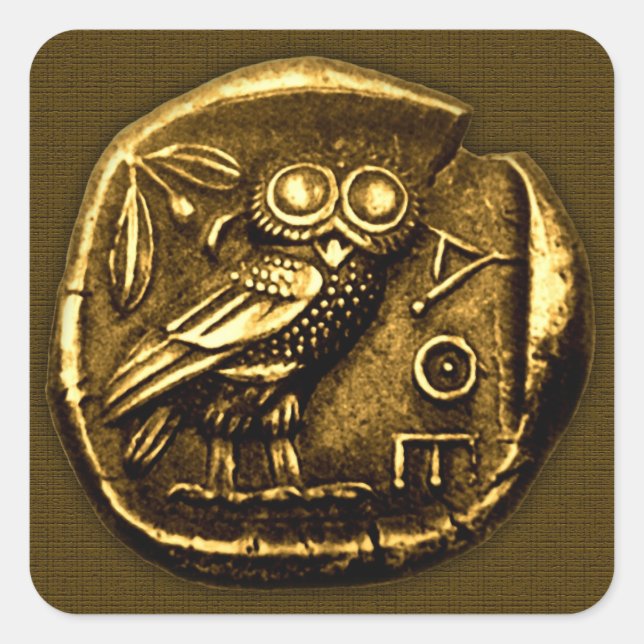 Owl on ancient greek coin square sticker (Front)