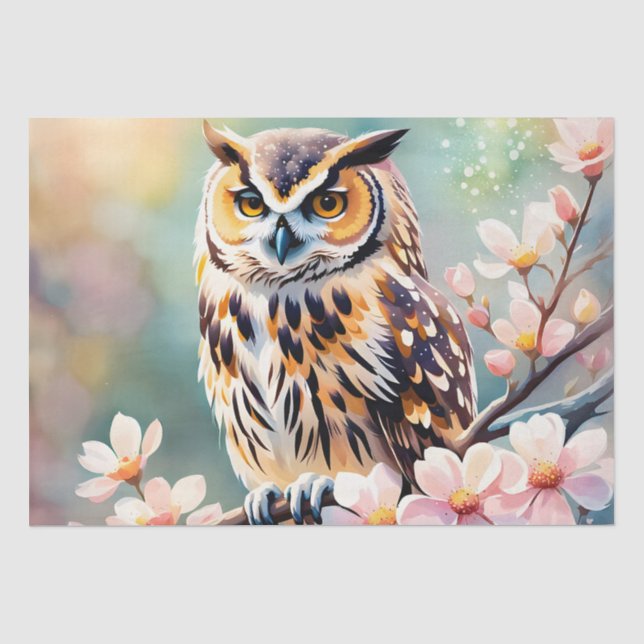 Owl on Apple Blossoms Tissue Paper (Front)