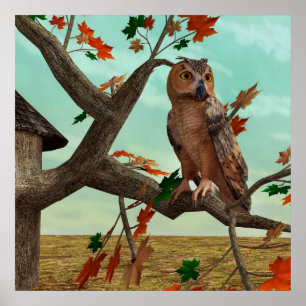 Owl on Autumn Maple Tree Design - Amazing Bird Poster