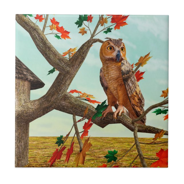 Owl on Autumn Maple Tree Design - Amazing Bird Tile (Front)