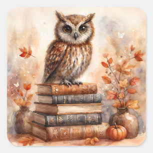 Owl on Books Autumn Watercolor Square Sticker