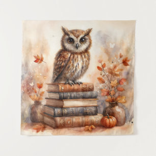 Owl on Books Autumn Watercolor Tapestry