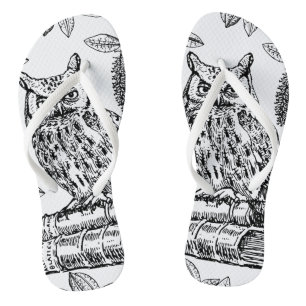 Owl on Books (Black and White) Flip Flops