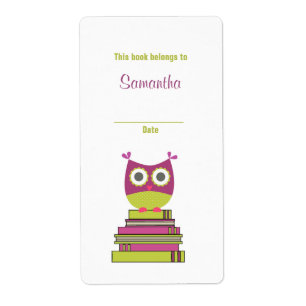 Owl on Books Bookplate Label Purple/Chartreuse
