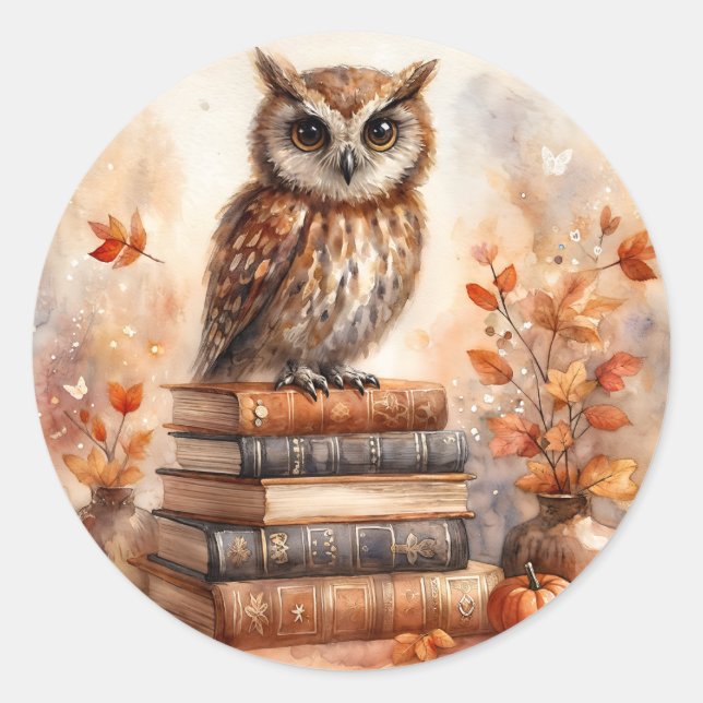 Owl on Bookstack With Fall Leaves Classic Round Sticker (Front)