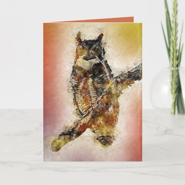 Owl on Branch Abstract Art Birthday Card (Front)
