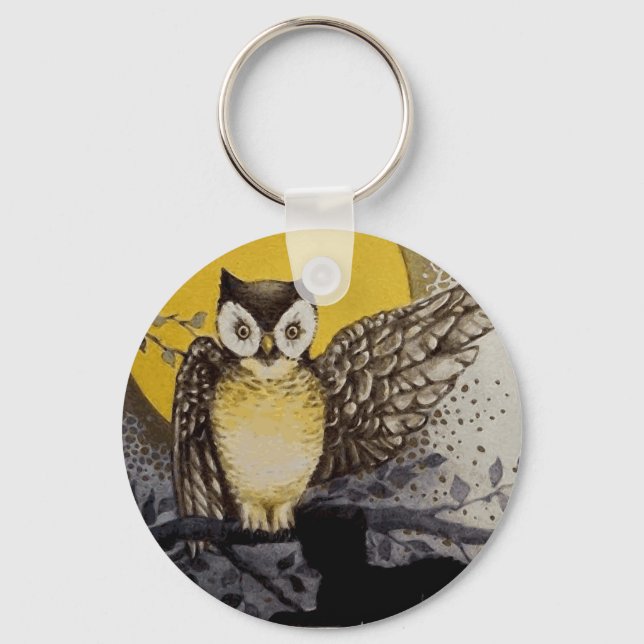 Owl on Branch In front of Moon watching black cat Key Ring (Front)