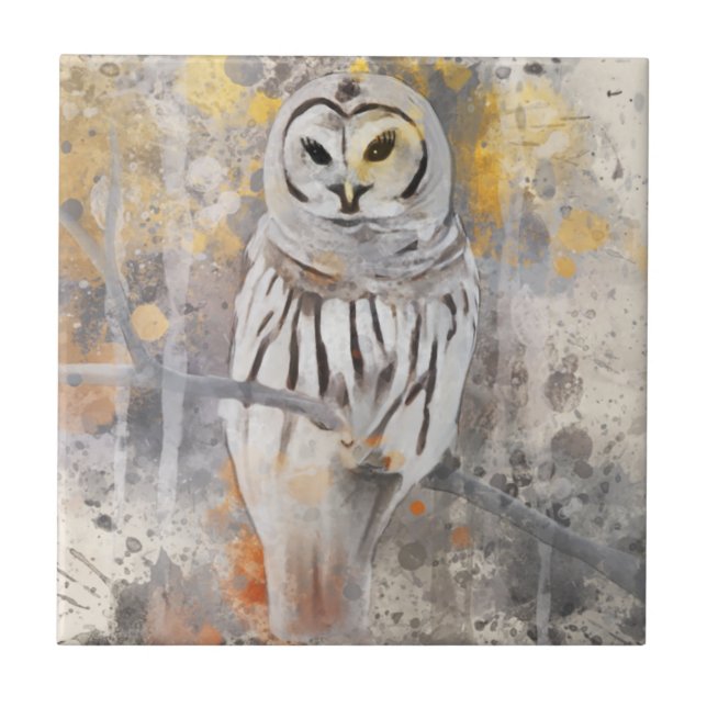 Owl on Branch Watercolor Abstract Tile (Front)