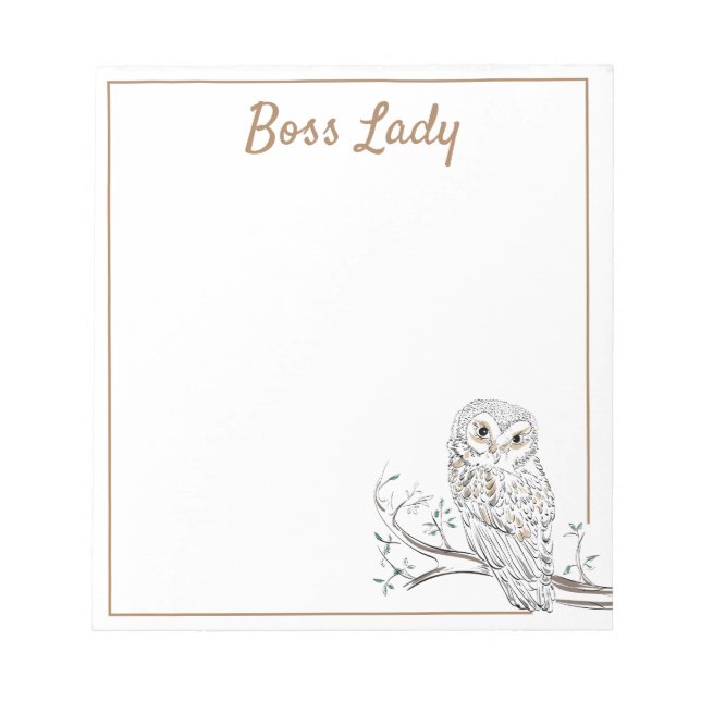 Owl on Branch White Boss Lady or your text Notepad (Front)