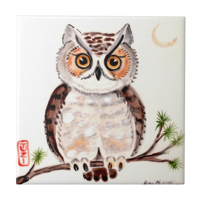 Owl on Branch with Moon Woodland Minimal Art TUZI Tile (Front)