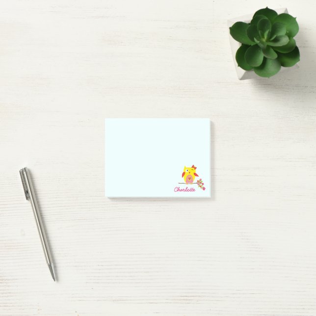 Owl on branch with Pink Flowers Personalised Name Post-it Notes (Office)