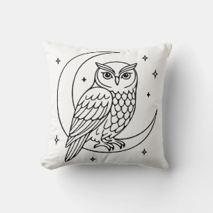  Owl on Crescent Moon with Stars Line Art Cushion