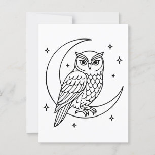  Owl on Crescent Moon with Stars Line Art Postcard