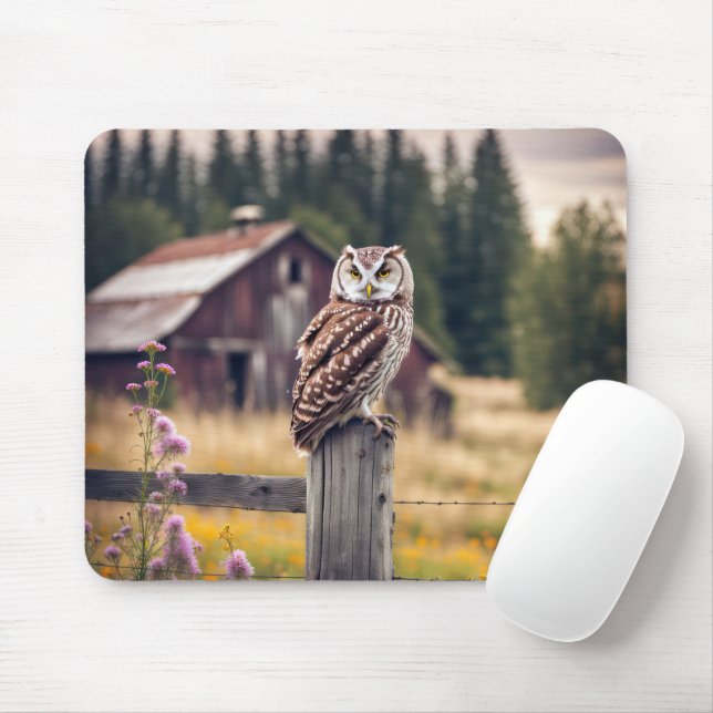 Owl On Fence Post Mouse Mat (With Mouse)