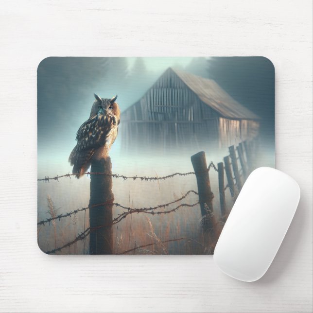 Owl On Fence Post Mouse Mat (With Mouse)