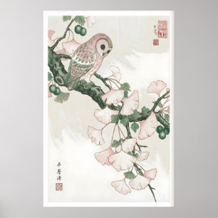 Owl on Ginkgo Wall Art - Calm, Vintage Botanical