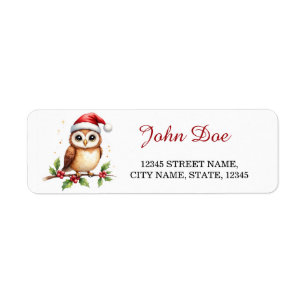Owl on Holly Branch Christmas Return Address Label