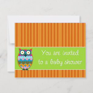 Owl on orange stripes baby shower invitation