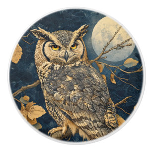 Owl on Perch with Full Moon Ceramic Knob