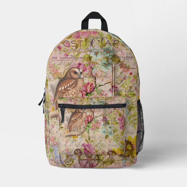 Owl on Pink Floral Background Postcard Printed Backpack (Front)