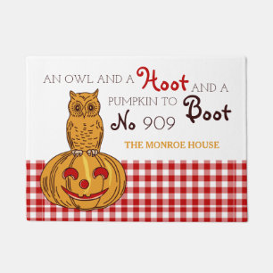 Owl on Pumpkin Gingham Pattern Doormat