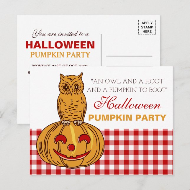 Owl on Pumpkin Halloween Pumpkin Party Invitation Postcard (Front/Back)