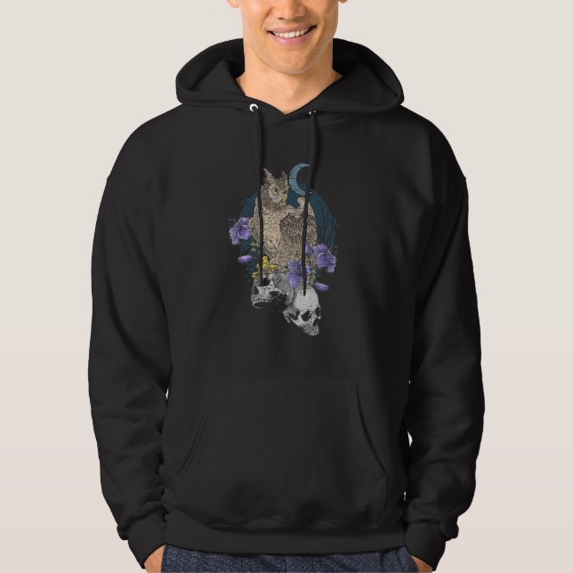Owl On Skulls With Purple Flowers Moon Distressed Hoodie (Front)