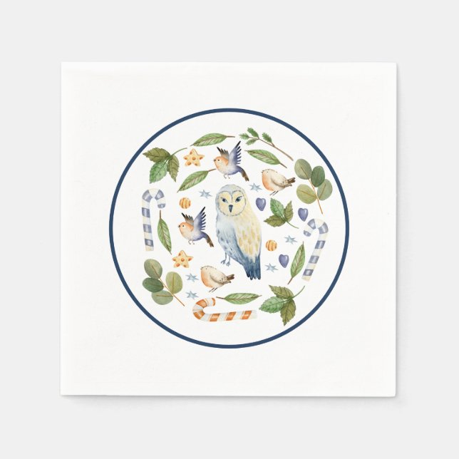 Owl on Tree Stump Birds Leaves Candy Canes Napkin (Front)