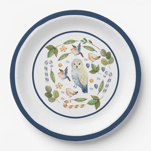 Owl on Tree Stump Birds Leaves Candy Canes Paper Plate (Front)