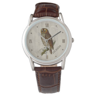 Owl on Wood Look Personalised Watch