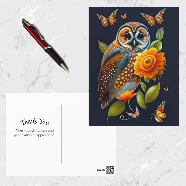 Owl Orange Floral Butterfly Illustration Postcard (Creator Uploaded)