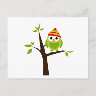 Owl Owls Bird Green Hat Snow Cute Tree Cartoon Postcard