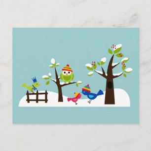 Owl Owls Birds Winter Snow Cute Tree Cartoon Postcard