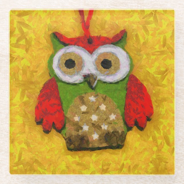 Owl painting glass coaster (Front)