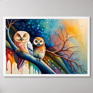 owl painting perch tree branch paint colourful dri poster