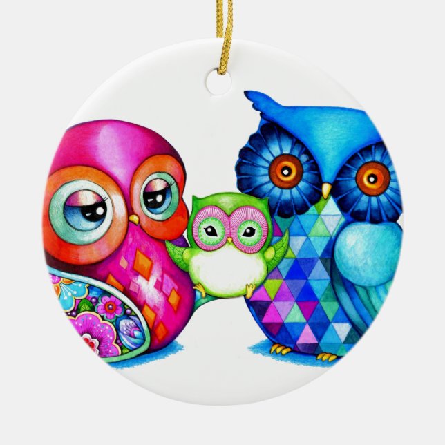Owl Parents and Baby Ceramic Tree Decoration (Front)
