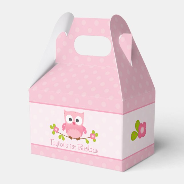 Owl Party Favour Gable Box (Pink Girl Birthday) (Front Side)